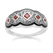 Anello quadrato in stile Art Déco in argento sterling con cinque granati e marcasite