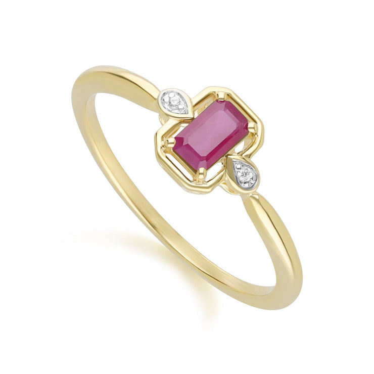 Bague Classique en Or Jaune 9ct avec Rubis Baguette et Diamants