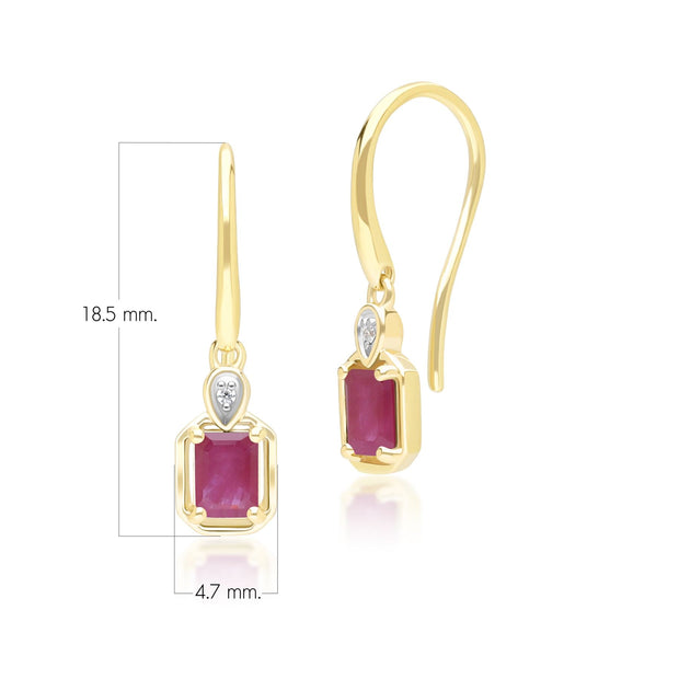 Boucles d'Oreilles Pendantes Classique en Or Jaune 9ct avec Rubis Baguette et Diamants