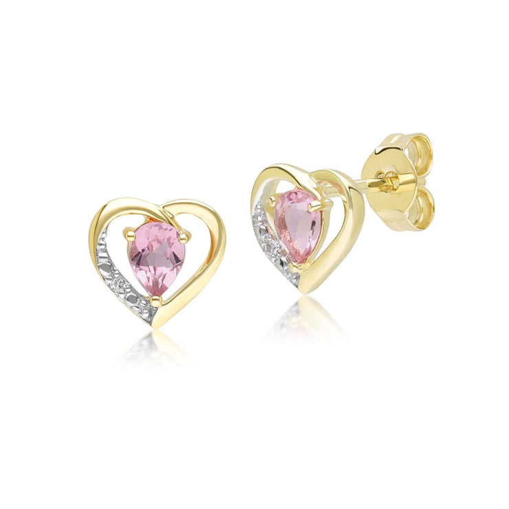 Orecchini a bottone a forma di cuore con tormalina rosa e diamanti in oro giallo 9 carati