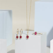Boucles d'Oreilles Pendantes Classique en Or Jaune 9ct avec Rubis Oval et Diamants Ronds