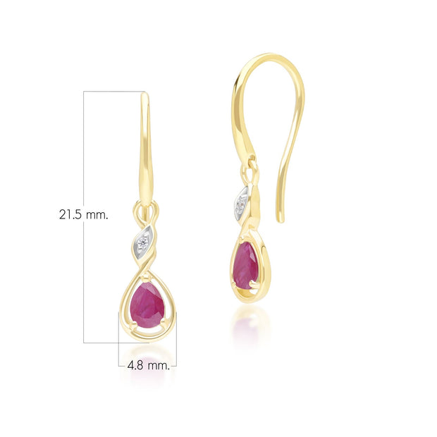 Boucles d'Oreilles Pendantes Classique en Or Jaune 9ct avec Rubis Oval et Diamants