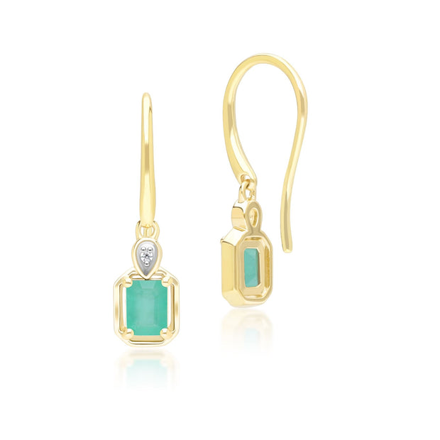 Boucles d'Oreilles Pendantes Classique en Or Jaune 9ct avec Emeraude Baguette et Diamants