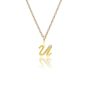 Ciondolo collana diamanti con lettera U dell'alfabeto in oro giallo da 9 carati