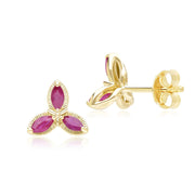 Orecchini a lobo floreali con rubino marquise in oro giallo da 9 ct