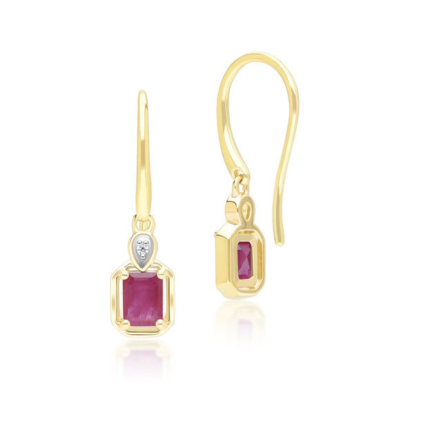 Boucles d'Oreilles Pendantes Classique en Or Jaune 9ct avec Rubis Baguette et Diamants