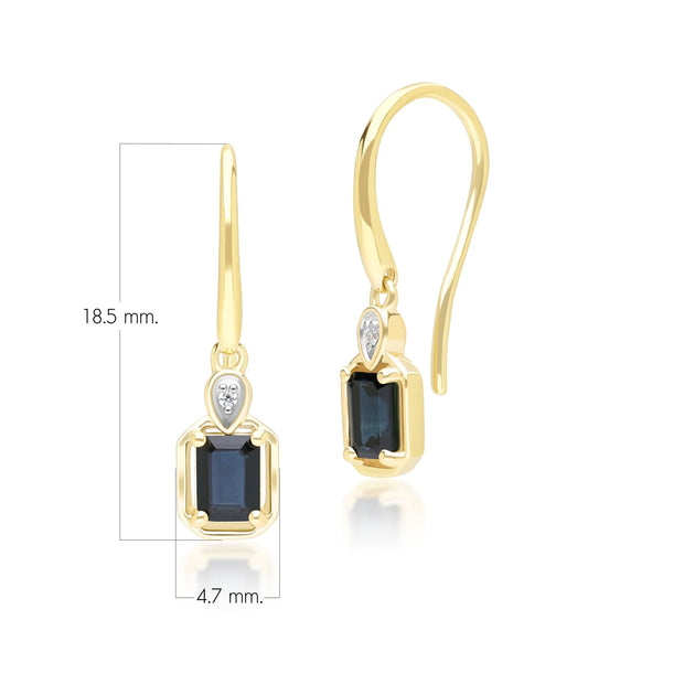 Boucles d'Oreilles Pendantes Classique en Or Jaune 9ct avec Saphir Baguette et Diamants