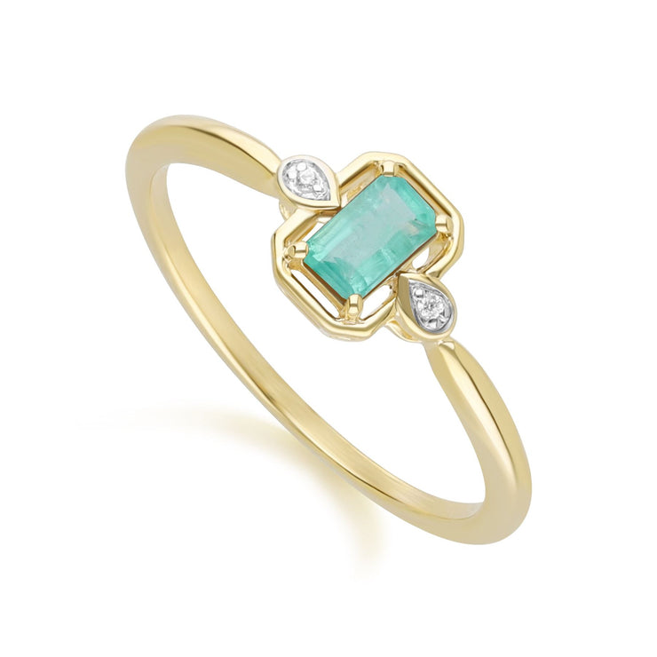 Bague Classique en Or Jaune 9ct avec Emeraude Baguette et Diamants