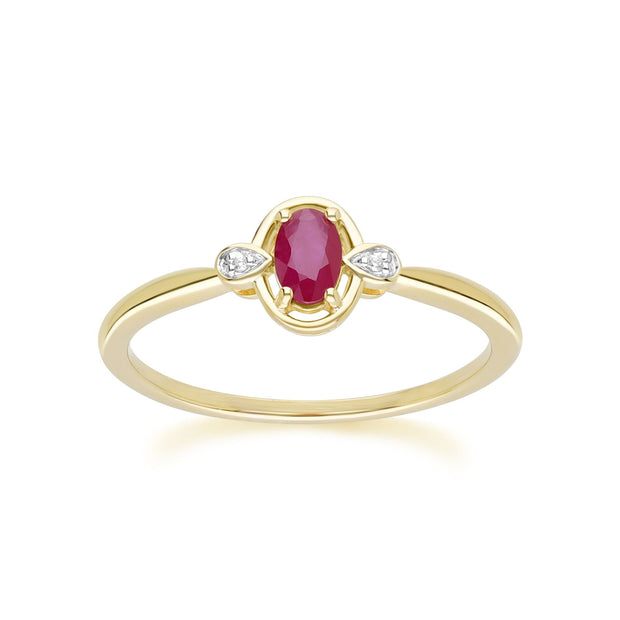 Bague Classique en Or Jaune 9ct avec Rubis Ovale et Diamants Ronds