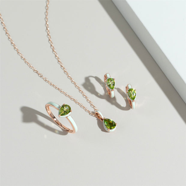 Boucles d'Oreilles Créoles Siberian Waltz En Émail Vert Et Péridot Poire En Or Vermeil Rose