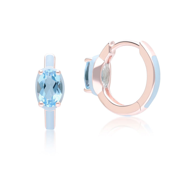 Boucles d'Oreilles Créoles Siberian Waltz En Émail Bleu Et Topaze Bleu Ovale En Or Vermeil Rose