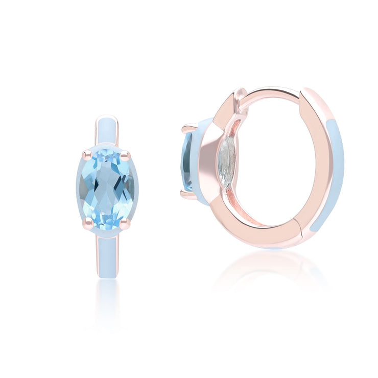 Boucles d'Oreilles Créoles Siberian Waltz En Émail Bleu Et Topaze Bleu Ovale En Or Vermeil Rose