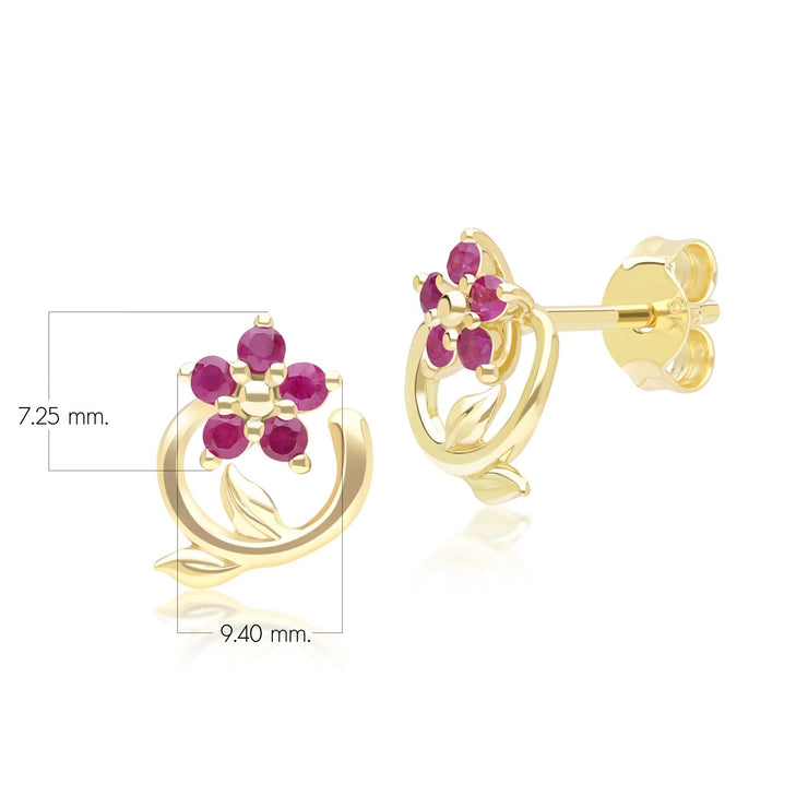 Orecchini a lobo con vite floreale e rubino in oro giallo da 9 ct
