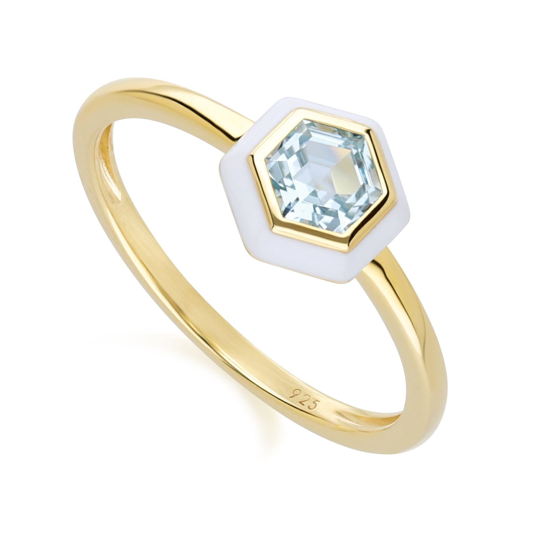 Geometrico Esagonale Anellocon topazio azzurro e smalto bianco in argento sterling placcato oro