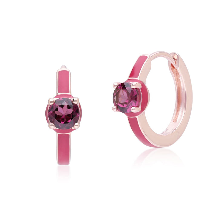 Boucles d'Oreilles Créoles Siberian Waltz En Email Rose et Rhodolite Ronde En Or Vermeil Rose