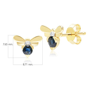 Honeycomb Orecchini a lobo con ape con zaffiro blu e diamanti ispirati al nido d'ape in oro giallo da 9 ct