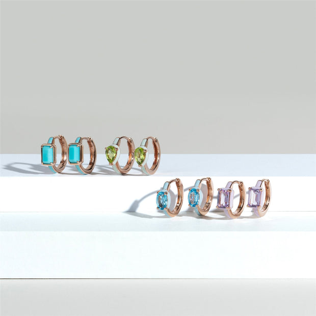Boucles d'Oreilles Créoles Siberian Waltz En Émail Bleu Et Turquoise Octogonale En Or Vermeil Rose