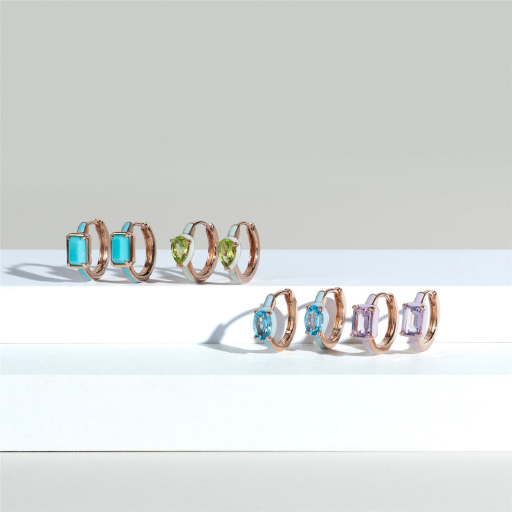 Boucles d'Oreilles Créoles Siberian Waltz En Émail Bleu Et Turquoise Octogonale En Or Vermeil Rose