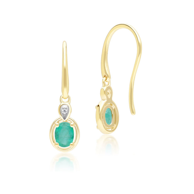 Boucles d'Oreilles Pendantes Classique en Or Jaune 9ct avec Emeraude Ovale et Diamants Ronds