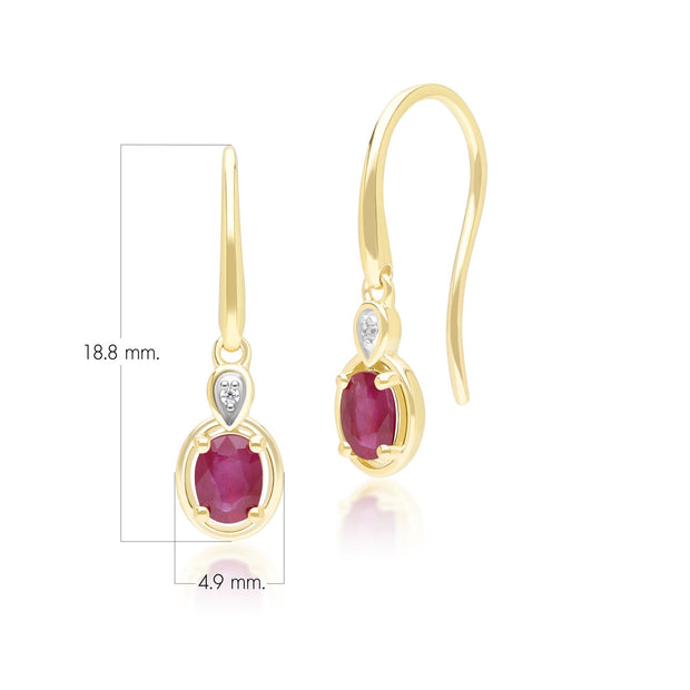 Boucles d'Oreilles Pendantes Classique en Or Jaune 9ct avec Rubis Oval et Diamants Ronds