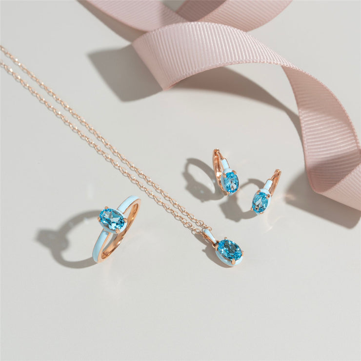 Boucles d'Oreilles Créoles Siberian Waltz En Émail Bleu Et Topaze Bleu Ovale En Or Vermeil Rose