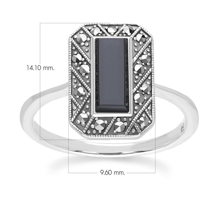 Anello rettangolare in stile Art Déco in argento sterling con onice e marcasite