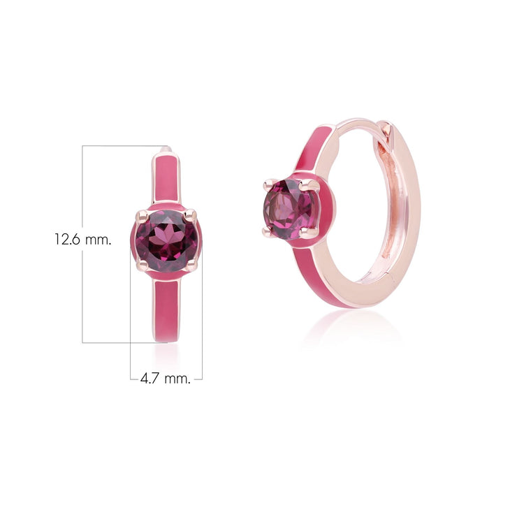 Boucles d'Oreilles Créoles Siberian Waltz En Email Rose et Rhodolite Ronde En Or Vermeil Rose