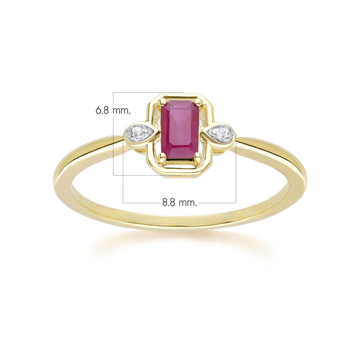 Bague Classique en Or Jaune 9ct avec Rubis Baguette et Diamants