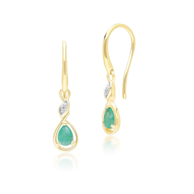Boucles d'Oreilles Pendantes Classique en Or Jaune 9ct avec Emeraude Ovale et Diamants Ronds