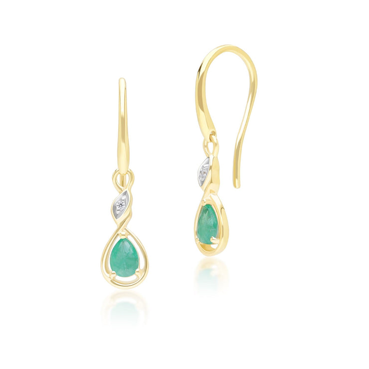 Boucles d'Oreilles Pendantes Classique en Or Jaune 9ct avec Emeraude Ovale et Diamants Ronds