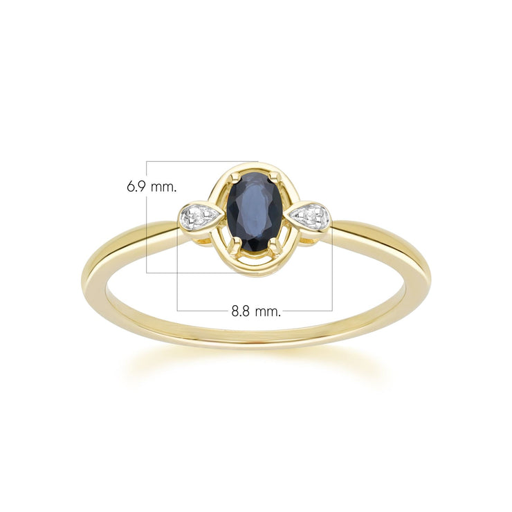 Bague Classique en Or Jaune 9ct avec Saphir Oval et Diamants Ronds