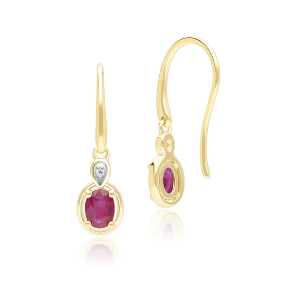 Boucles d'Oreilles Pendantes Classique en Or Jaune 9ct avec Rubis Oval et Diamants Ronds