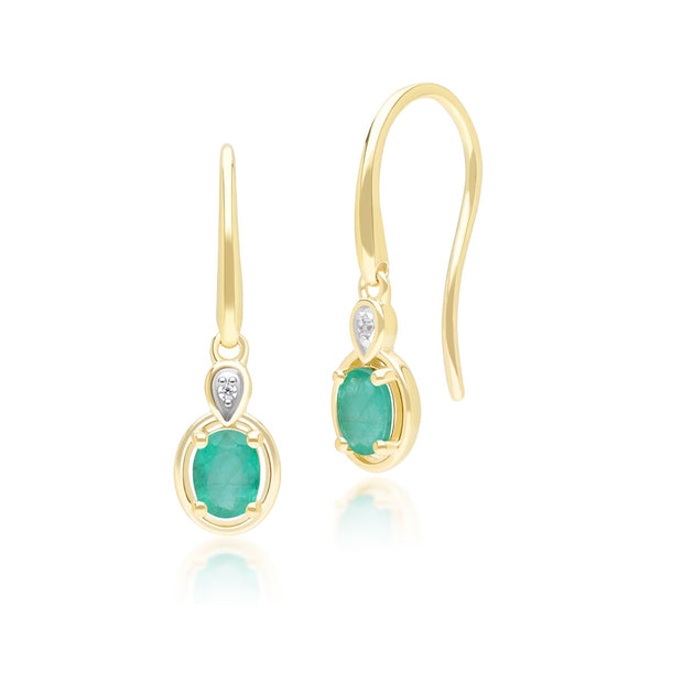 Boucles d'Oreilles Pendantes Classique en Or Jaune 9ct avec Emeraude Ovale et Diamants Ronds