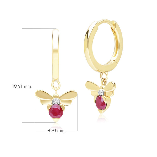 Orecchini a cerchio con ape in stile nido d'ape in oro giallo da 9 ct con rubino e diamante
