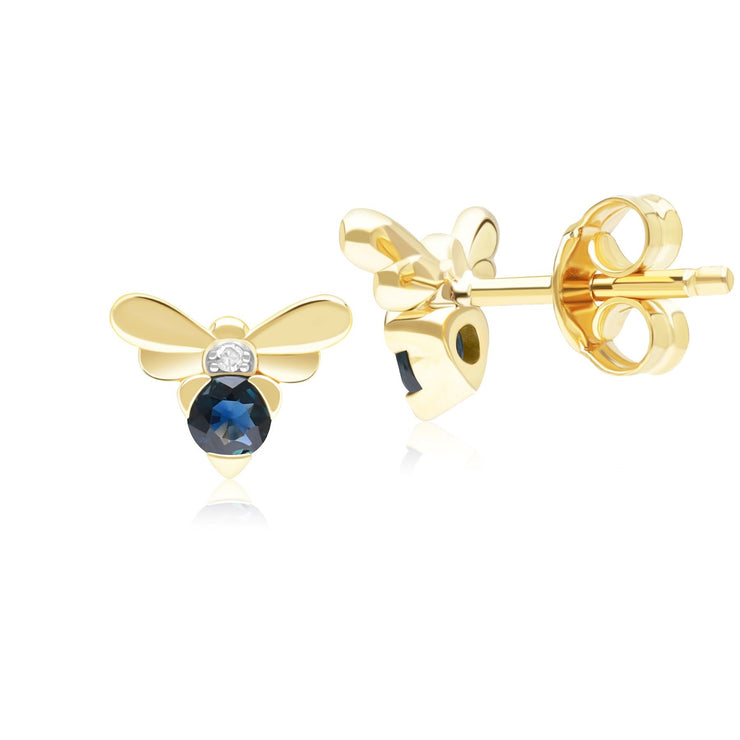 Orecchini a lobo con ape in stile nido d'ape in oro giallo da 9 ct con zaffiro blu e diamante