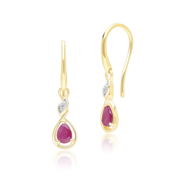 Boucles d'Oreilles Pendantes Classique en Or Jaune 9ct avec Rubis Oval et Diamants