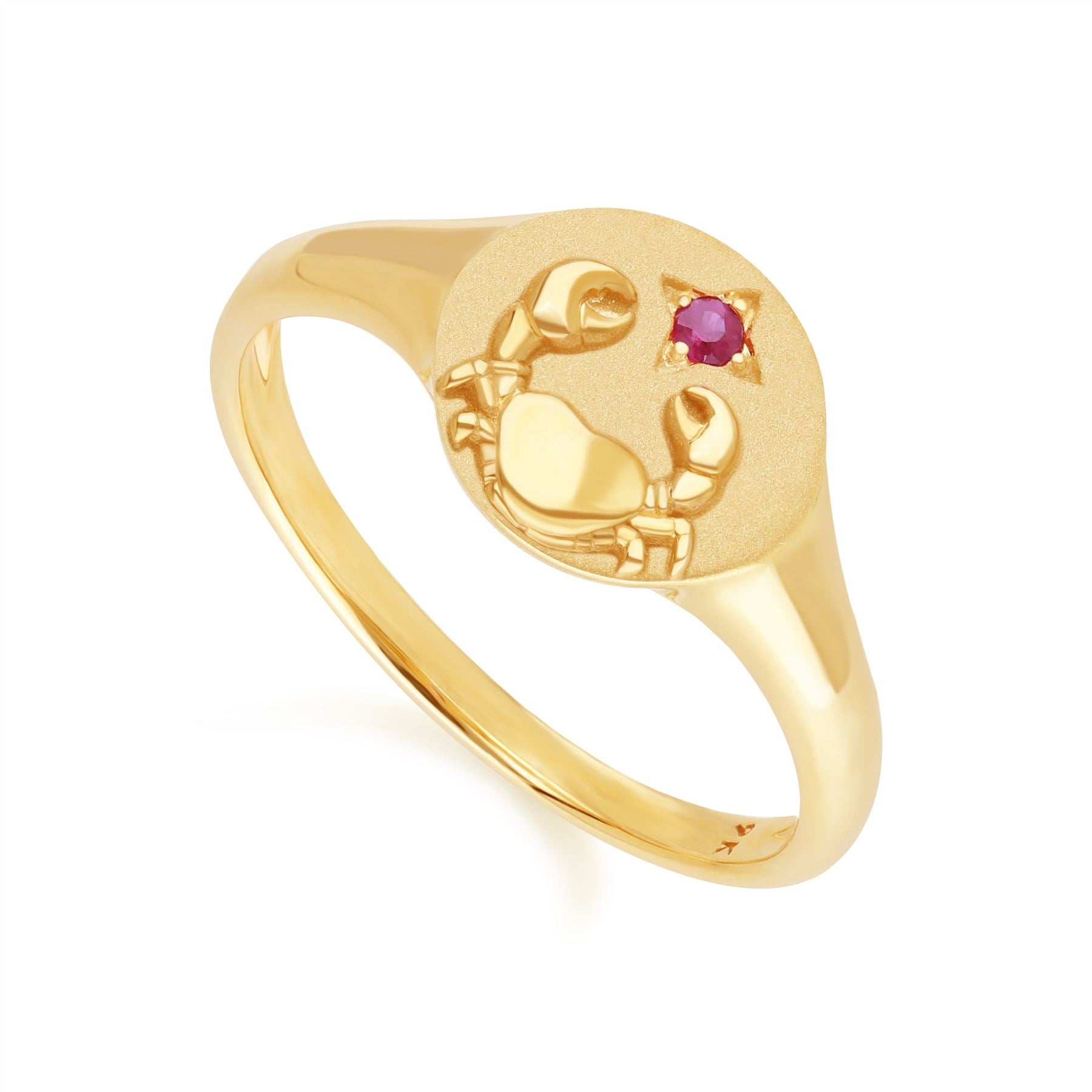 Zodiac Anello con sigillo del cancro con rubino in oro giallo da 9 carati
