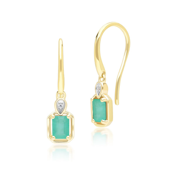 Boucles d'Oreilles Pendantes Classique en Or Jaune 9ct avec Emeraude Baguette et Diamants