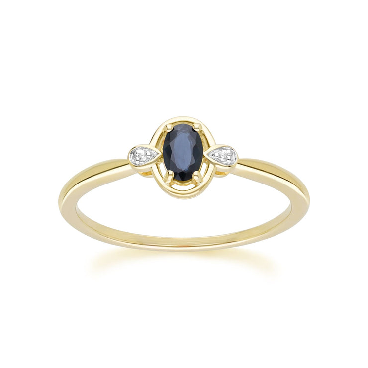 Bague Classique en Or Jaune 9ct avec Saphir Oval et Diamants Ronds