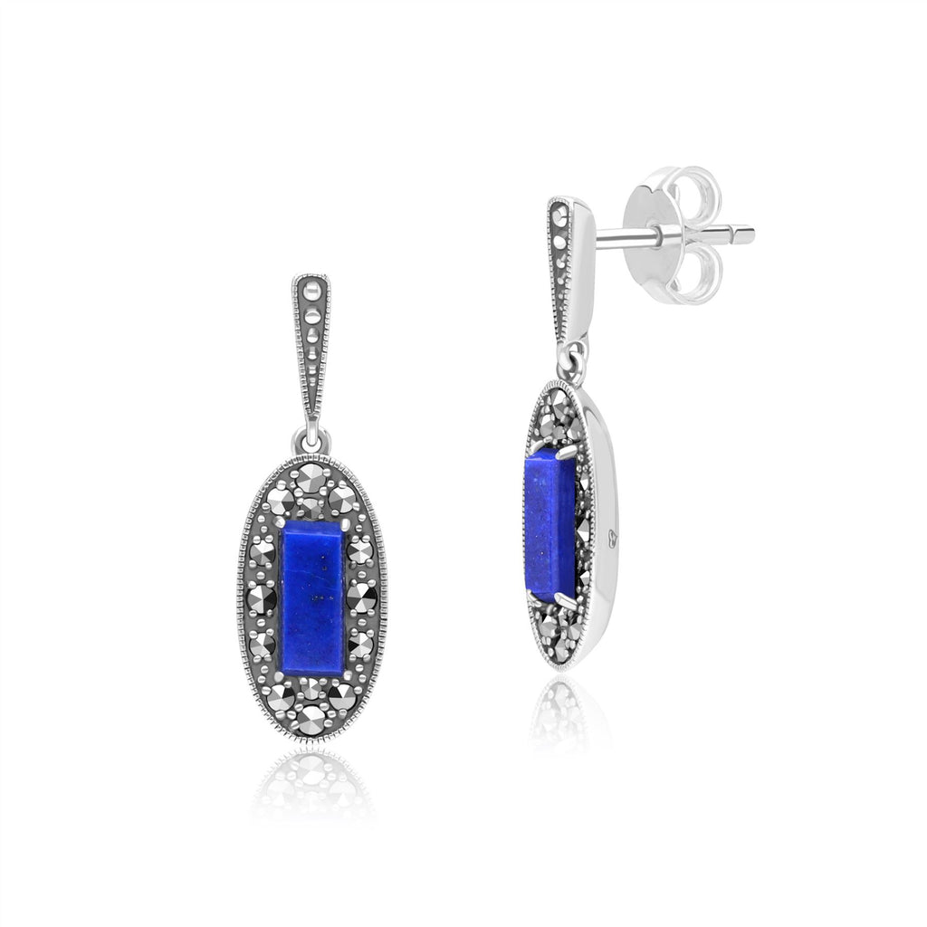 Gemondo - Set di collana con ciondolo e orecchini a goccia in argento Sterling 925 con lapislazzuli e marcasite in stile Art Deco