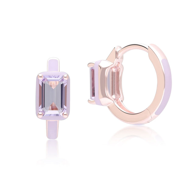 Boucles d'Oreilles Créoles Siberian Waltz En Émail Violet Et Améthyste Octogonale En Or Vermeil Rose