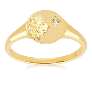 Zodiac Anello zodiacale con sigillo Peridoto Leone in oro giallo 9 carati