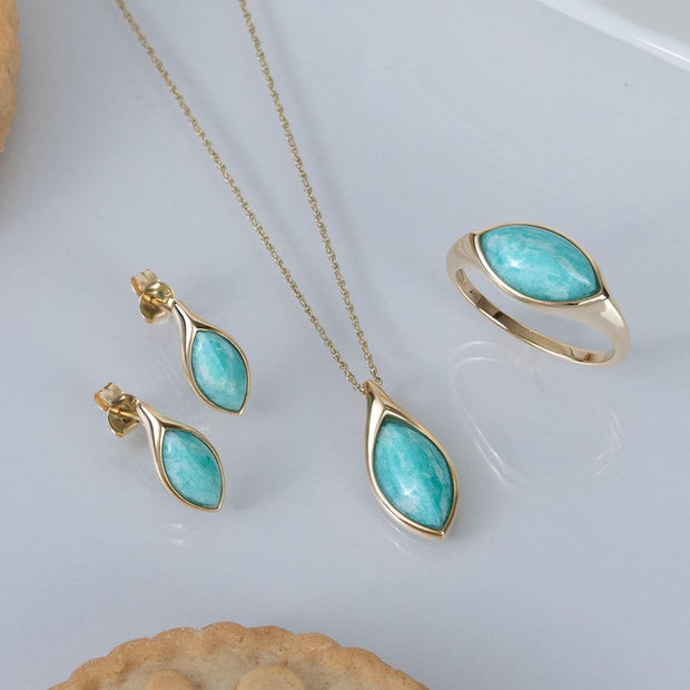 Bague classique avec marquise amazonite en or jaune 9 carats