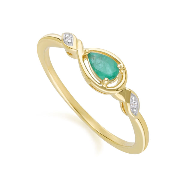 Bague Classique en Or Jaune 9ct avec Emeraude Poire et Diamants