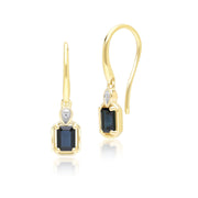 Boucles d'Oreilles Pendantes Classique en Or Jaune 9ct avec Saphir Baguette et Diamants