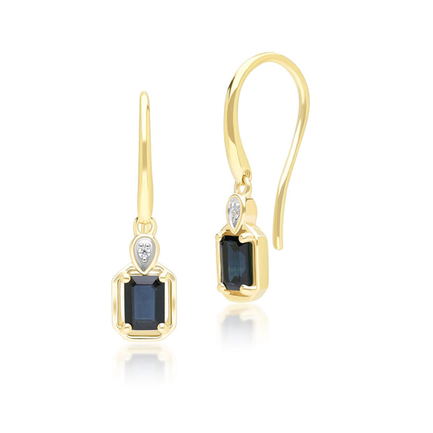 Boucles d'Oreilles Pendantes Classique en Or Jaune 9ct avec Saphir Baguette et Diamants