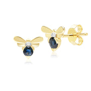 Orecchini a lobo con ape in stile nido d'ape in oro giallo da 9 ct con zaffiro blu e diamante