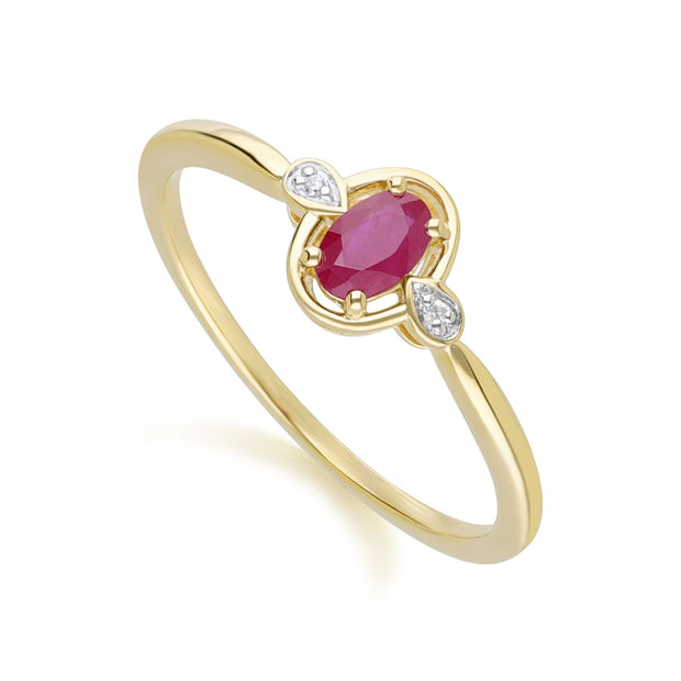 Bague Classique en Or Jaune 9ct avec Rubis Ovale et Diamants Ronds