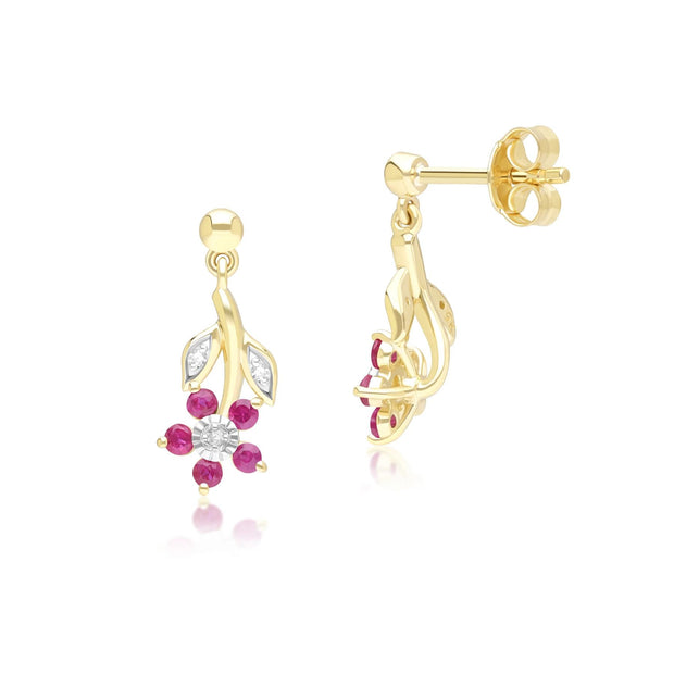 Orecchini pendenti floreali con rubini e diamanti in oro giallo da 9 ct