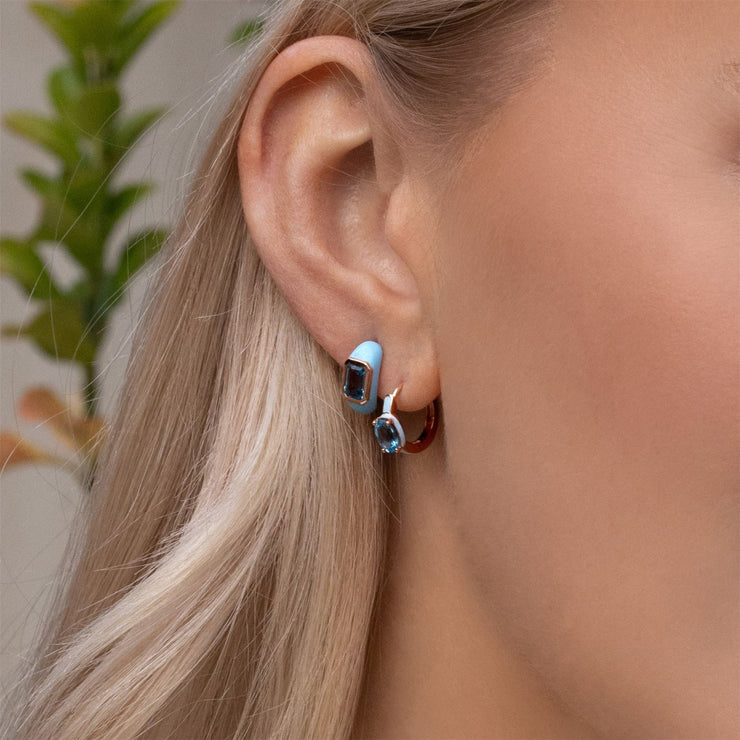 Boucles d'Oreilles Créoles Siberian Waltz En Émail Bleu Et Topaze Bleu Ovale En Or Vermeil Rose